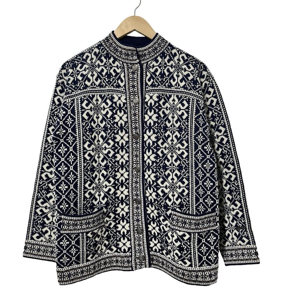 Christiania Sweaters Fair Isle Chunky Knit Wool‎ Cardigan Size M Blue Nordic